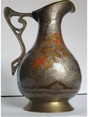 Vtg Solid Brass Cloisonne Pitcher Hand Painted Enamel  Butterflies & Flowers